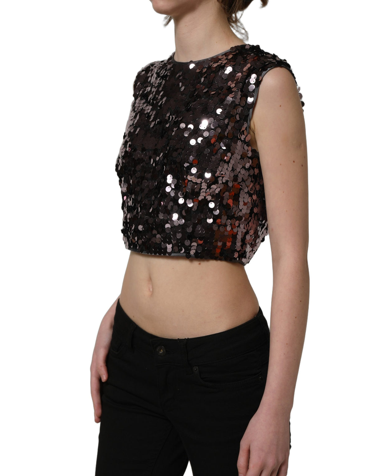 Dolce & Gabbana Women's Crop Top Cropped Round Neck Silk & Nylon Tank - Purple