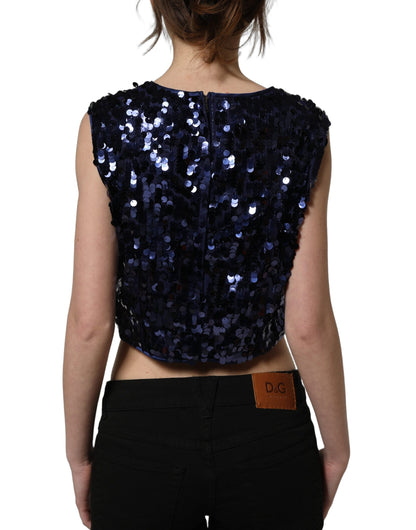 Dolce & Gabbana Blue Sequined Sleeveless Cropped Tank Top