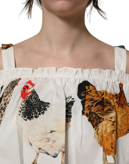 Dolce & Gabbana White Rooster Print Poplin Off The Shoulder Top