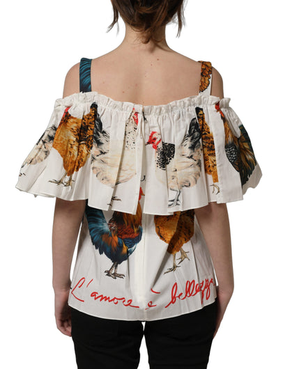 Dolce & Gabbana White Rooster Print Poplin Off The Shoulder Top