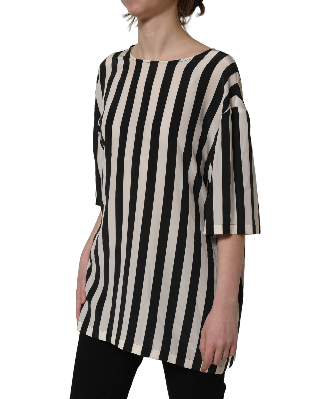 Dolce & Gabbana Women's Three-Quarter-Sleeve; Short-Sleeve Round Neck Silk Blouse - Black White Striped