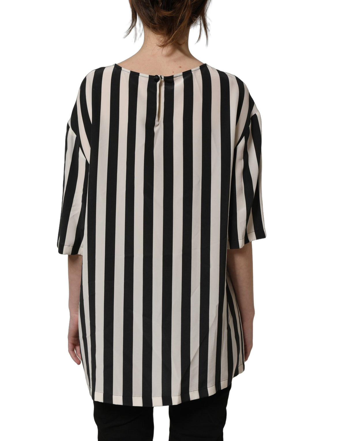 Dolce & Gabbana Women's Three-Quarter-Sleeve; Short-Sleeve Round Neck Silk Blouse - Black White Striped