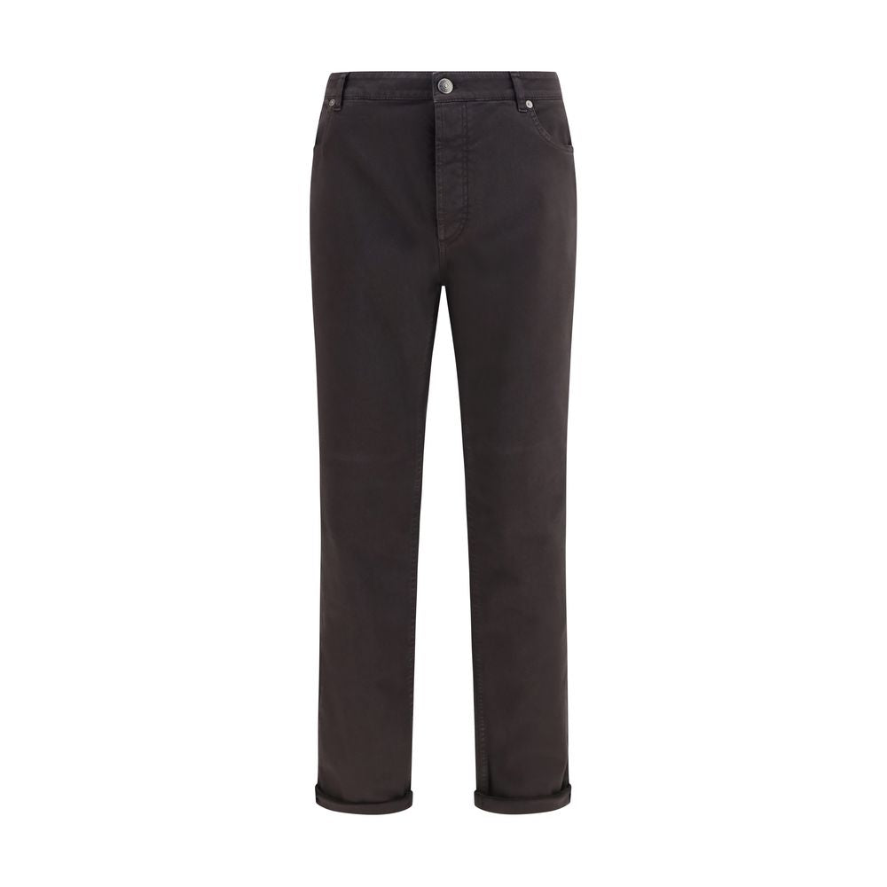 Jeans by Brunello Cucinelli for men in stretch denim cotton brown & signature features a polished silhouette with a polished regular-fit & cropped, reaching a polished cropped and finished with a polished .