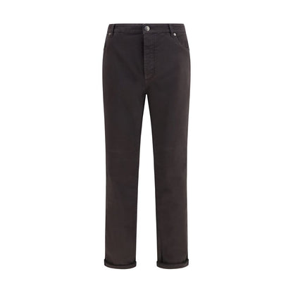 Jeans by Brunello Cucinelli for men in stretch denim cotton brown & signature features a polished silhouette with a polished regular-fit & cropped, reaching a polished cropped and finished with a polished .