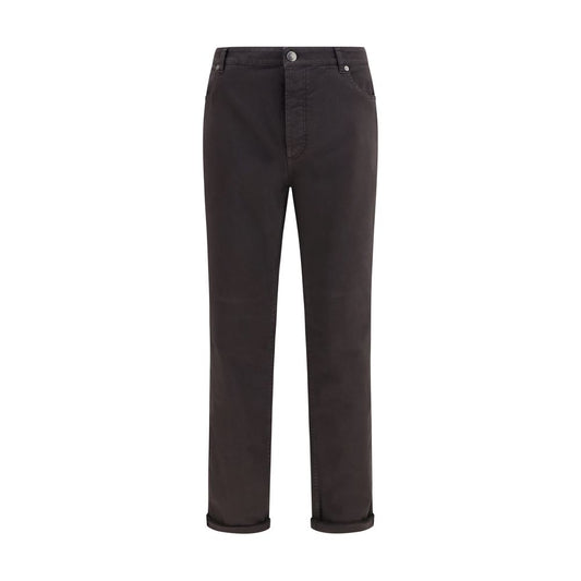 Jeans by Brunello Cucinelli for men in stretch denim cotton brown & signature features a polished silhouette with a polished regular-fit & cropped, reaching a polished cropped and finished with a polished .