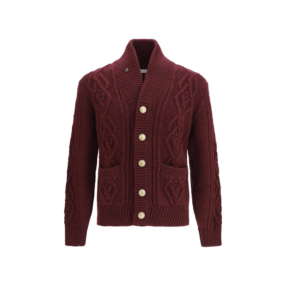 Cardigan by Brunello Cucinelli for men in cashmere & capra leather bordeaux, natural & patterned showcases a luxurious silhouette, meticulously detailed with a sophisticated and for a refined finish.
