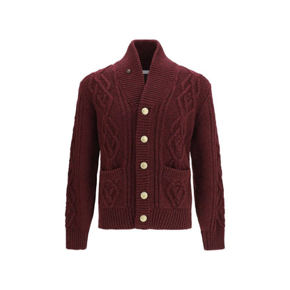 Cardigan by Brunello Cucinelli for men in cashmere & capra leather bordeaux, natural & patterned showcases a luxurious silhouette, meticulously detailed with a sophisticated and for a refined finish.