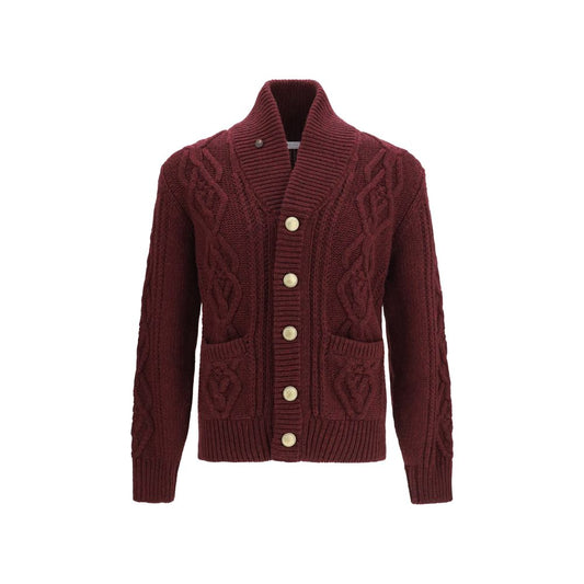 Cardigan by Brunello Cucinelli for men in cashmere & capra leather bordeaux, natural & patterned showcases a luxurious silhouette, meticulously detailed with a sophisticated and for a refined finish.