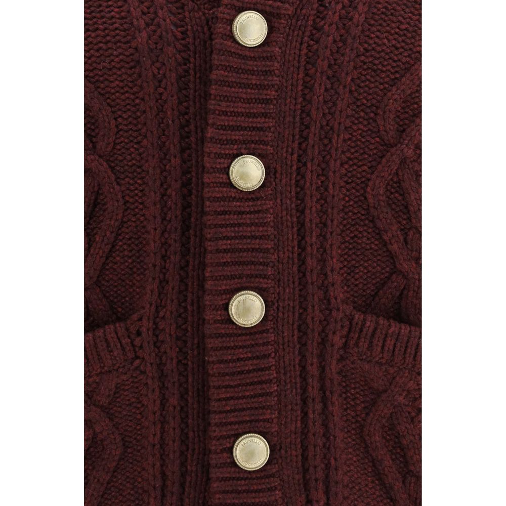 Cardigan by Brunello Cucinelli for men in cashmere & capra leather bordeaux, natural & patterned presents a textural silhouette, artfully finished with a textural and for a sophisticated, textural look.