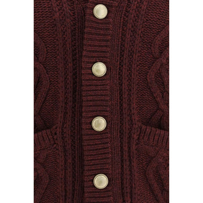Cardigan by Brunello Cucinelli for men in cashmere & capra leather bordeaux, natural & patterned presents a textural silhouette, artfully finished with a textural and for a sophisticated, textural look.