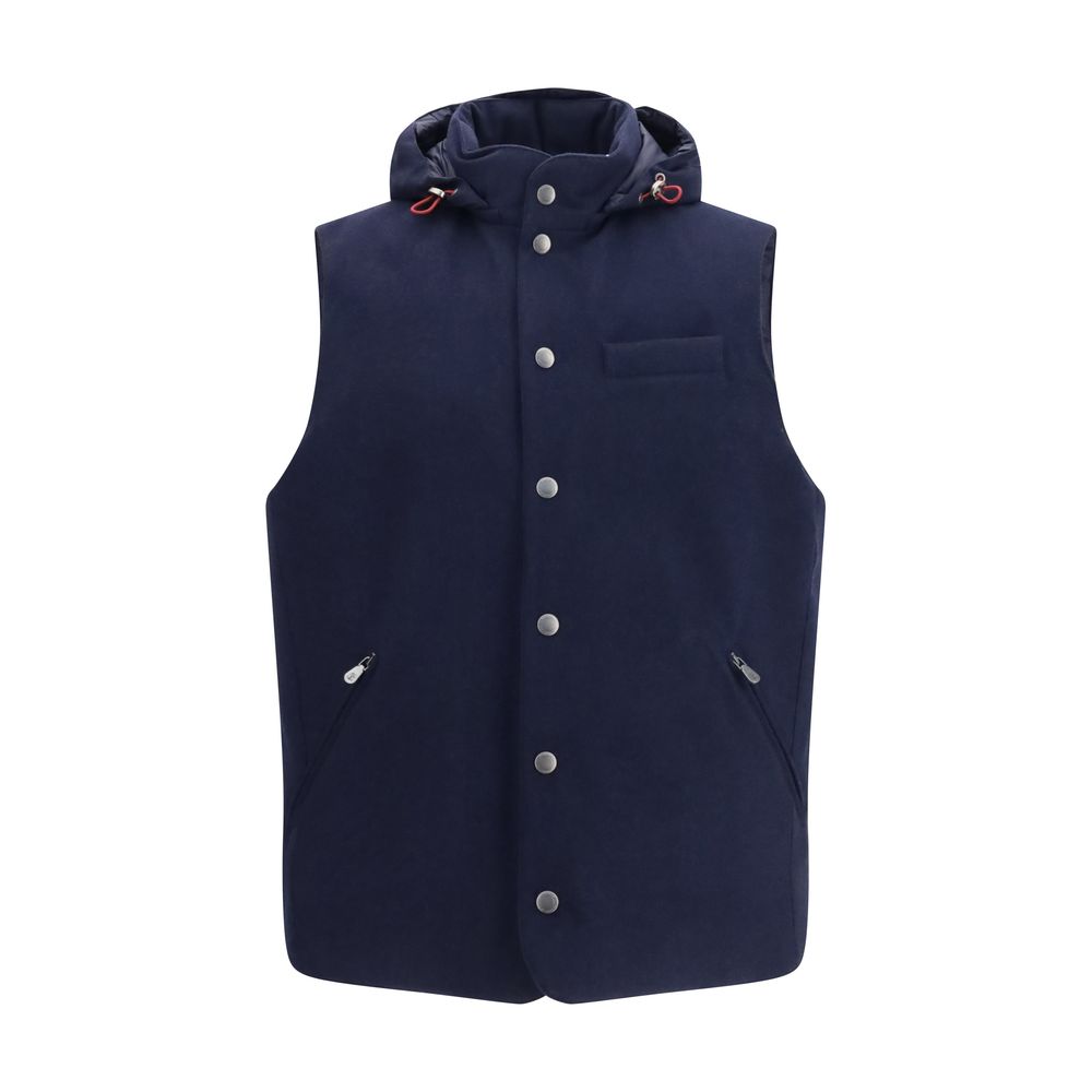 Hooded Vest by Brunello Cucinelli for men in wool blue features a chic silhouette, expertly detailed with a refined hooded neckline and premium pockets & hooded for a truly chic look.