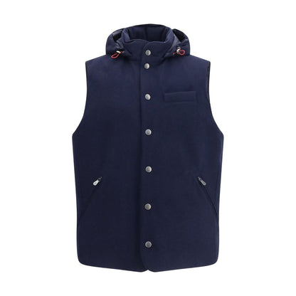 Hooded Vest by Brunello Cucinelli for men in wool blue features a chic silhouette, expertly detailed with a refined hooded neckline and premium pockets & hooded for a truly chic look.