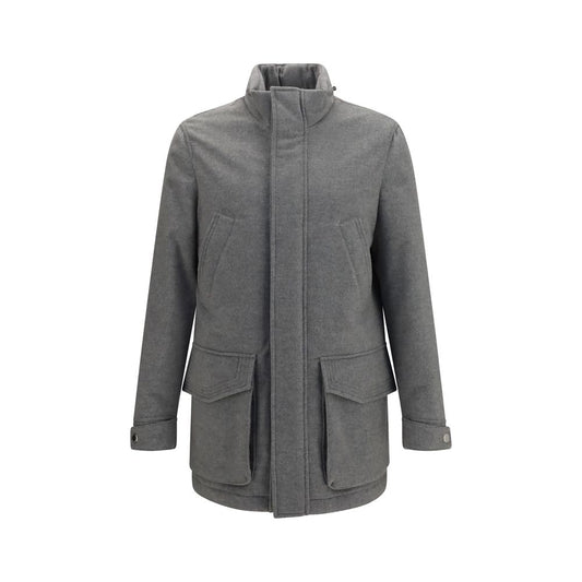Overcoat by Brunello Cucinelli for men in cashmere gray presents a luxurious silhouette, showcasing a luxurious high-collar neckline and sophisticated pockets for a premium, luxurious look.