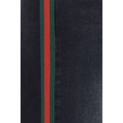 Jeans by Gucci for women in stretch denim cotton black, signature & striped features an sartorial straight-leg & regular-fit and long with a cut for a sartorial finish.