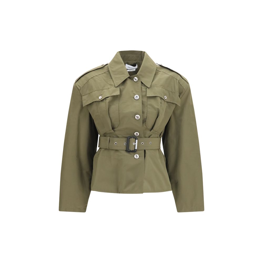 Trench Coat by Alexander McQueen for women in cotton polyester bicolour & signature presents a utilitarian silhouette, showcasing a utilitarian high-collar neckline and sophisticated pockets for a truly utilitarian look.