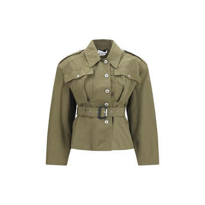 Trench Coat by Alexander McQueen for women in cotton polyester bicolour & signature presents a utilitarian silhouette, showcasing a utilitarian high-collar neckline and sophisticated pockets for a truly utilitarian look.