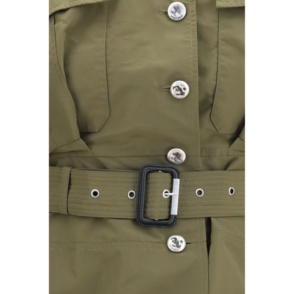 Trench Coat by Alexander McQueen for women in cotton polyester bicolour & signature presents a distinguished silhouette, artfully detailed with pockets and a distinguished for a sophisticated, distinguished finish.