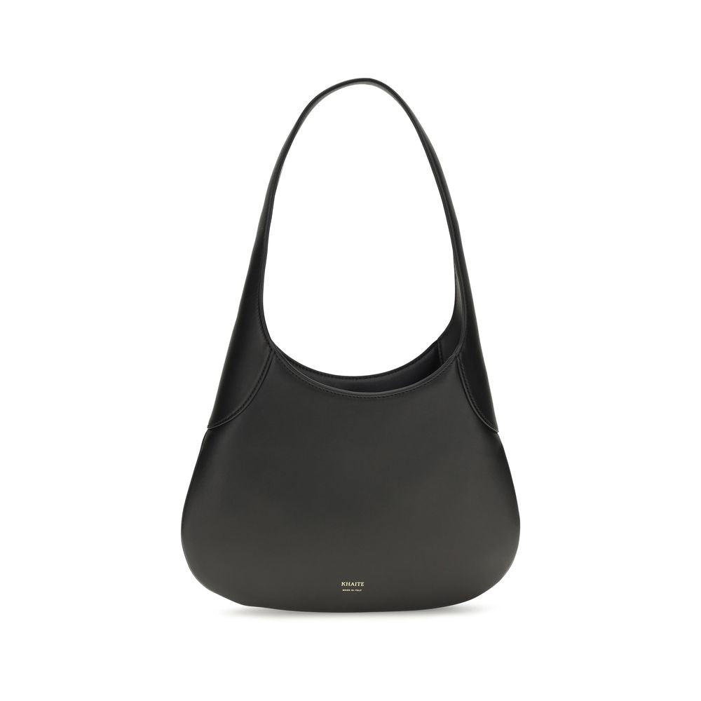 Small Shoulder Hobo Handbag by Khaite for women in bos taurus calfskin leather black & gold features a refined silhouette, showcasing a secure , organized , and versatile shoulder-strap for a refined finish.