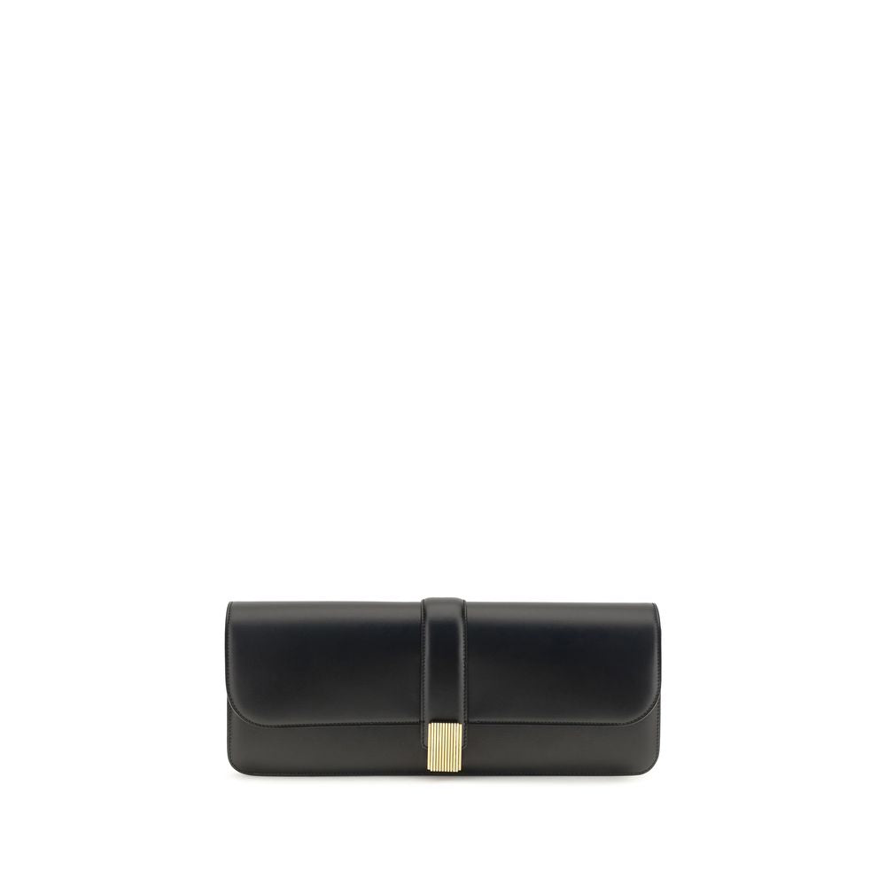 Box Flap Clutch Handbag by Khaite for women in bio-acetate & bos taurus calf leather black & gold features an sculptural silhouette, showcasing a secure flap and sculptural with versatile for a sophisticated look.