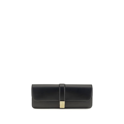 Box Flap Clutch Handbag by Khaite for women in bio-acetate & bos taurus calf leather black & gold features an sculptural silhouette, showcasing a secure flap and sculptural with versatile for a sophisticated look.