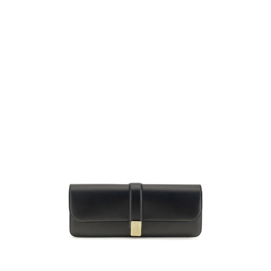Box Flap Clutch Handbag by Khaite for women in bio-acetate & bos taurus calf leather black & gold features an sculptural silhouette, showcasing a secure flap and sculptural with versatile for a sophisticated look.
