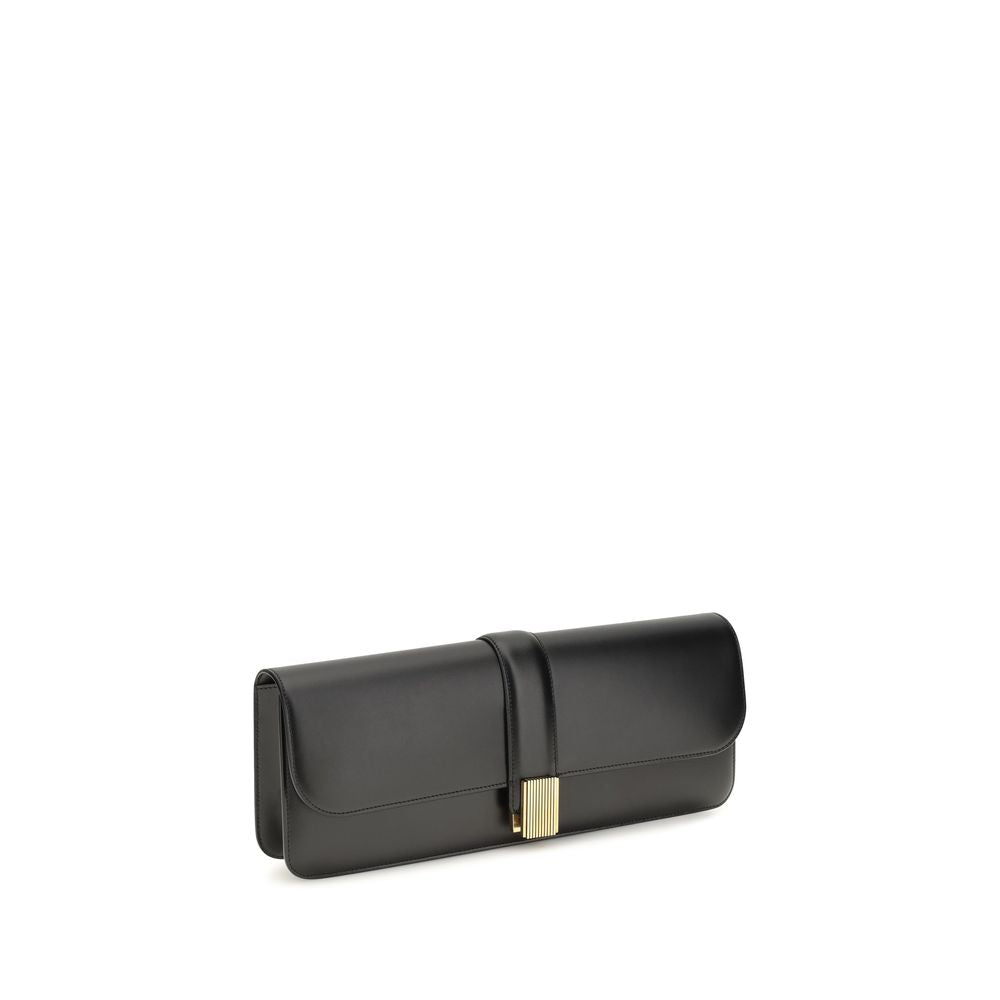 Box Flap Clutch Handbag by Khaite for women in bio-acetate & bos taurus calf leather black & gold features a statuesque silhouette, showcasing a secure flap and organized with versatile for statuesque evening wear.