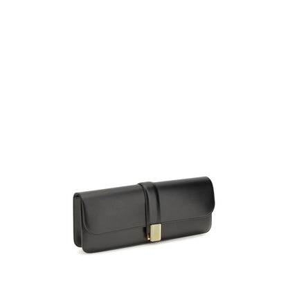 Box Flap Clutch Handbag by Khaite for women in bio-acetate & bos taurus calf leather black & gold features a statuesque silhouette, showcasing a secure flap and organized with versatile for statuesque evening wear.