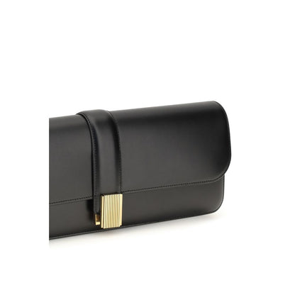 Box Flap Clutch Handbag by Khaite for women in bio-acetate & bos taurus calf leather black & gold features a sculptural silhouette with a secure flap, organized , and versatile for a sculptural finish.