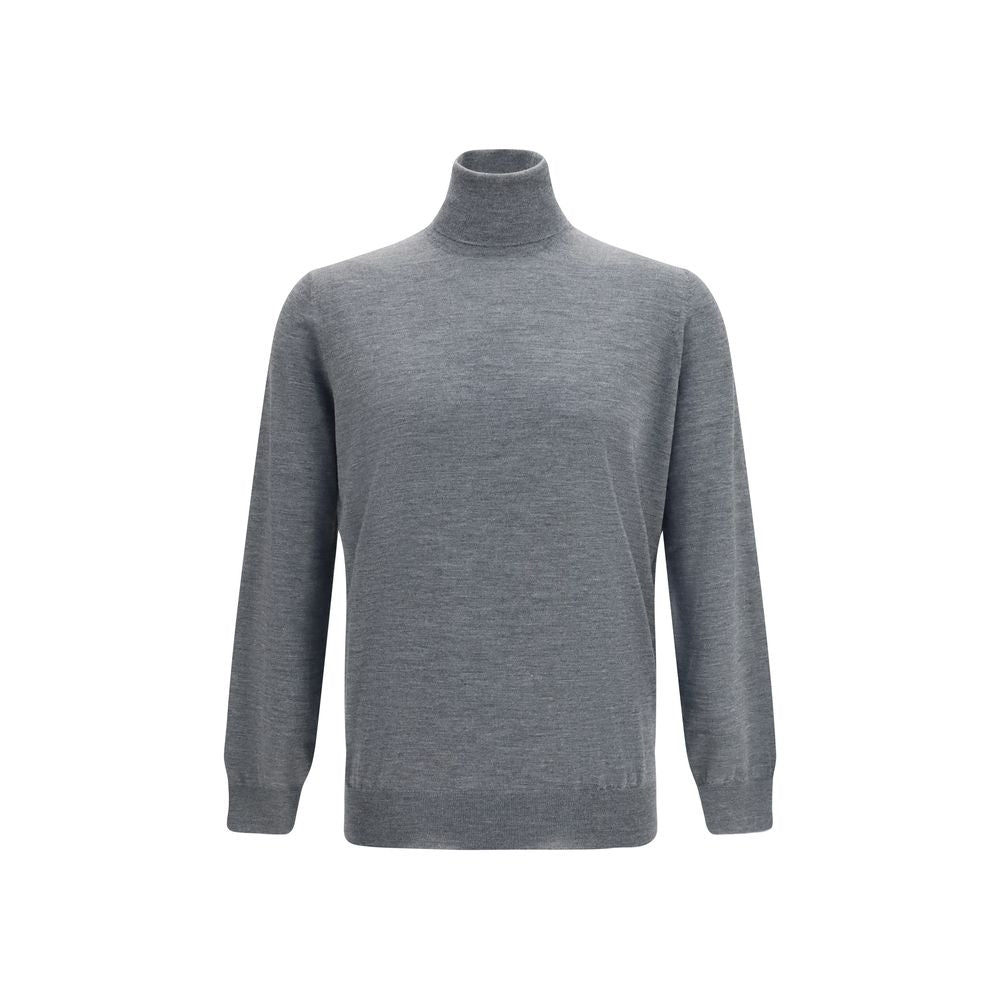 Sweater by Brunello Cucinelli for men in wool & capra leather gray showcases a downtown chic silhouette, artfully finished with a downtown chic turtle neckline and for a sophisticated, high-end look.