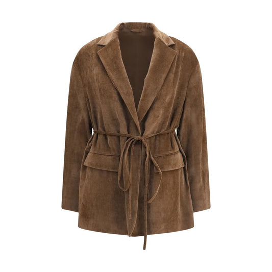 Overcoat by Brunello Cucinelli for women in cashmere corduroy & viscose brown showcases a architectural silhouette, artfully detailed with a distinctive v-neck neckline and functional pockets for a architectural finish.