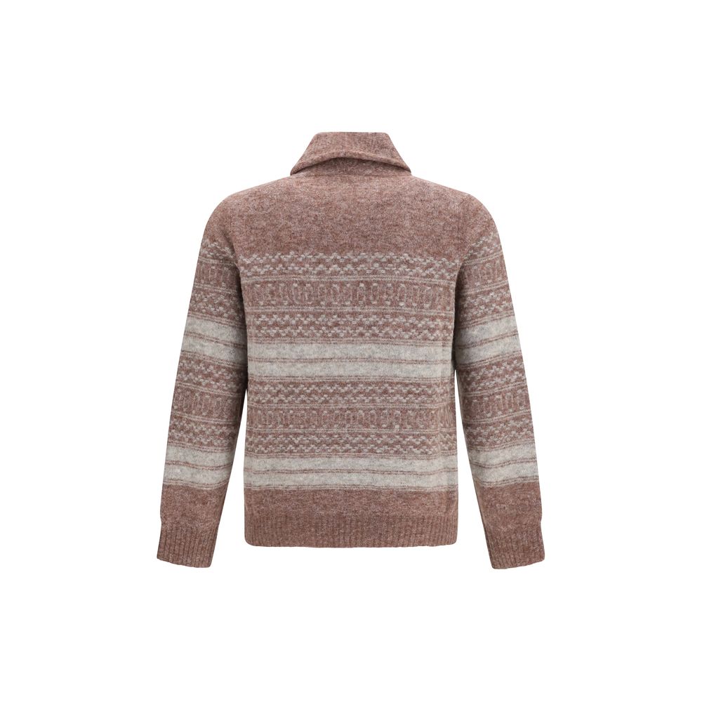 Cardigan by Brunello Cucinelli for men in polyamide capra leather cashmere & merino wool bordeaux features a dramatic silhouette, showcasing a sophisticated v-neck neckline and dramatic detail for a timeless, premium look.