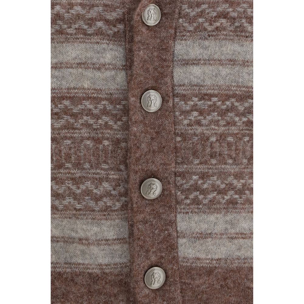 Cardigan by Brunello Cucinelli for men in polyamide capra leather cashmere & merino wool bordeaux features a dramatic silhouette, showcasing a sophisticated and dramatic detail for a timeless, premium look.