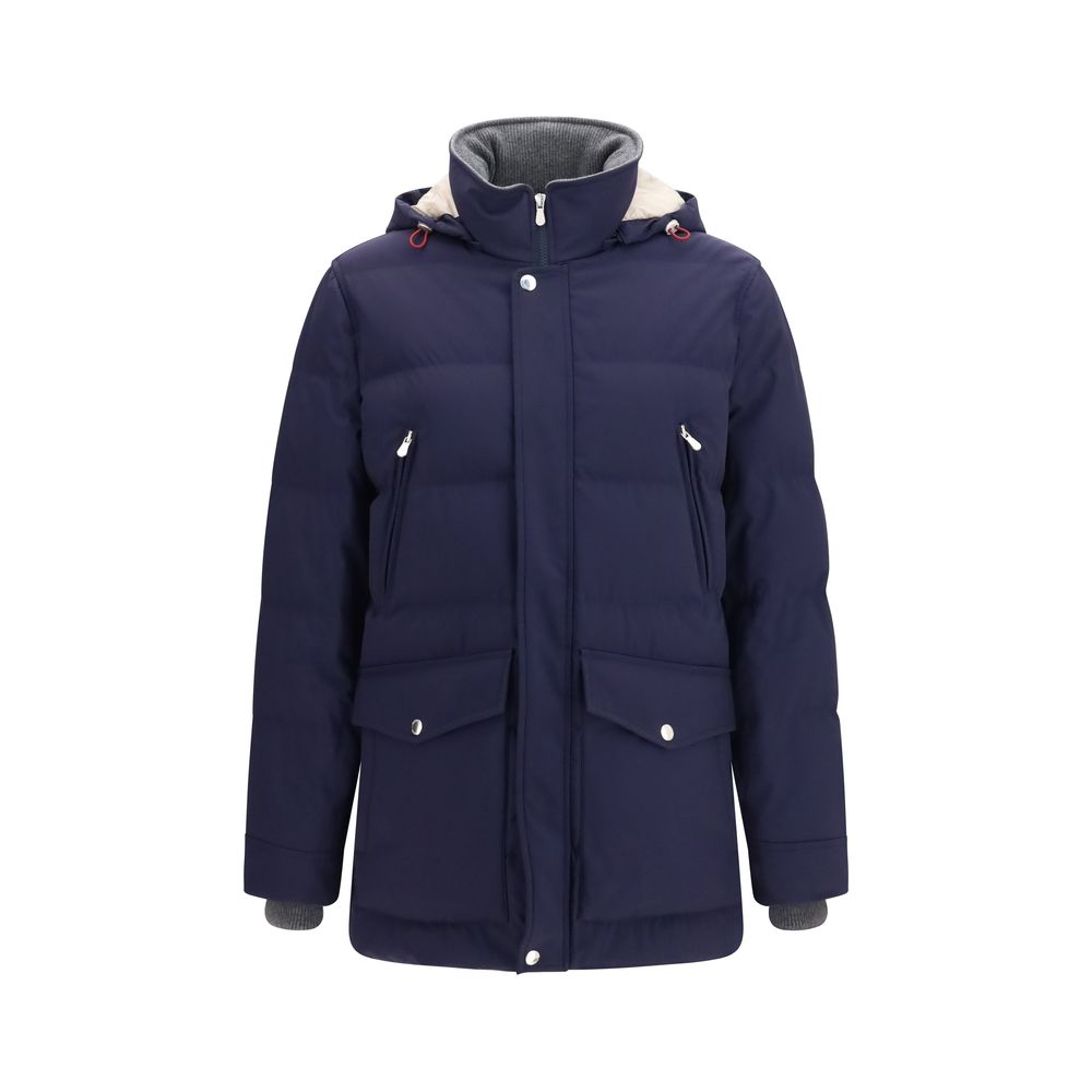 Hooded Overcoat by Brunello Cucinelli for men in nylon & goose-down blue features a cosy chic silhouette, artfully detailed with a sophisticated hooded neckline and premium pockets, hooded & insulated for a cosy chic finish.