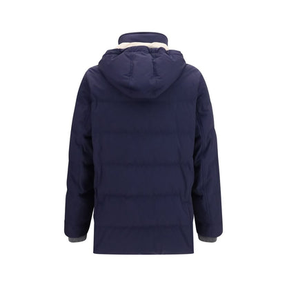 Hooded Overcoat by Brunello Cucinelli for men in nylon & goose-down blue features an voluminous silhouette, showcasing distinct pockets, hooded & insulated and a voluminous hooded neckline for a truly voluminous aesthetic.