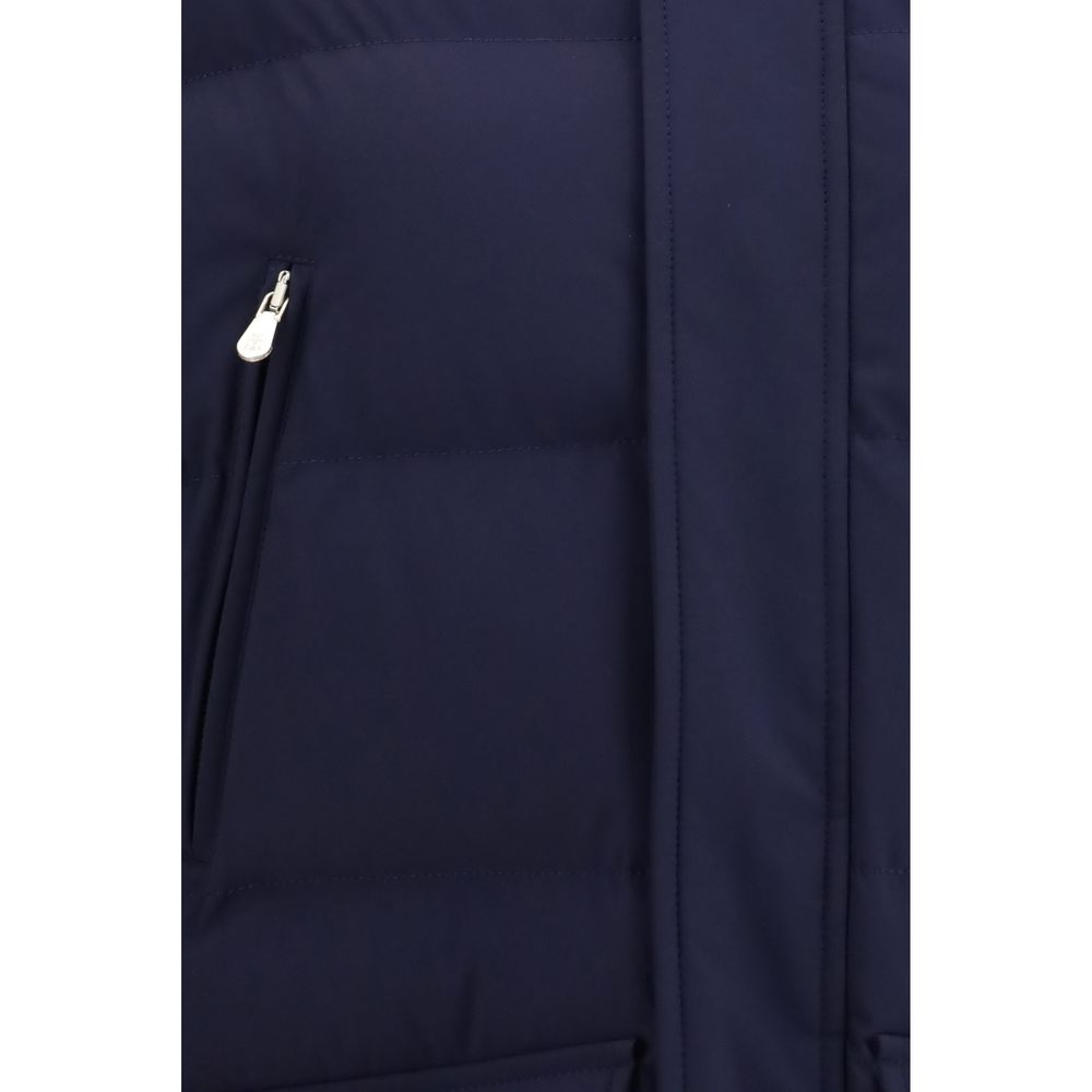 Hooded Overcoat by Brunello Cucinelli for men in nylon & goose-down blue showcases a enveloping silhouette, detailed with distinctive pockets, hooded & insulated and a enveloping .
