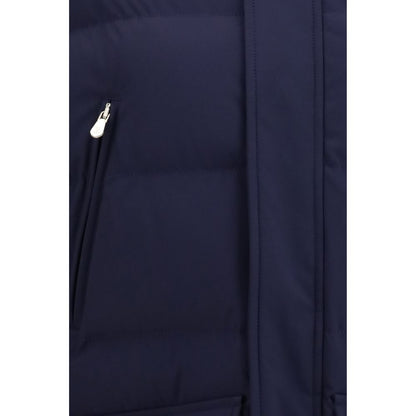 Hooded Overcoat by Brunello Cucinelli for men in nylon & goose-down blue showcases a enveloping silhouette, detailed with distinctive pockets, hooded & insulated and a enveloping .