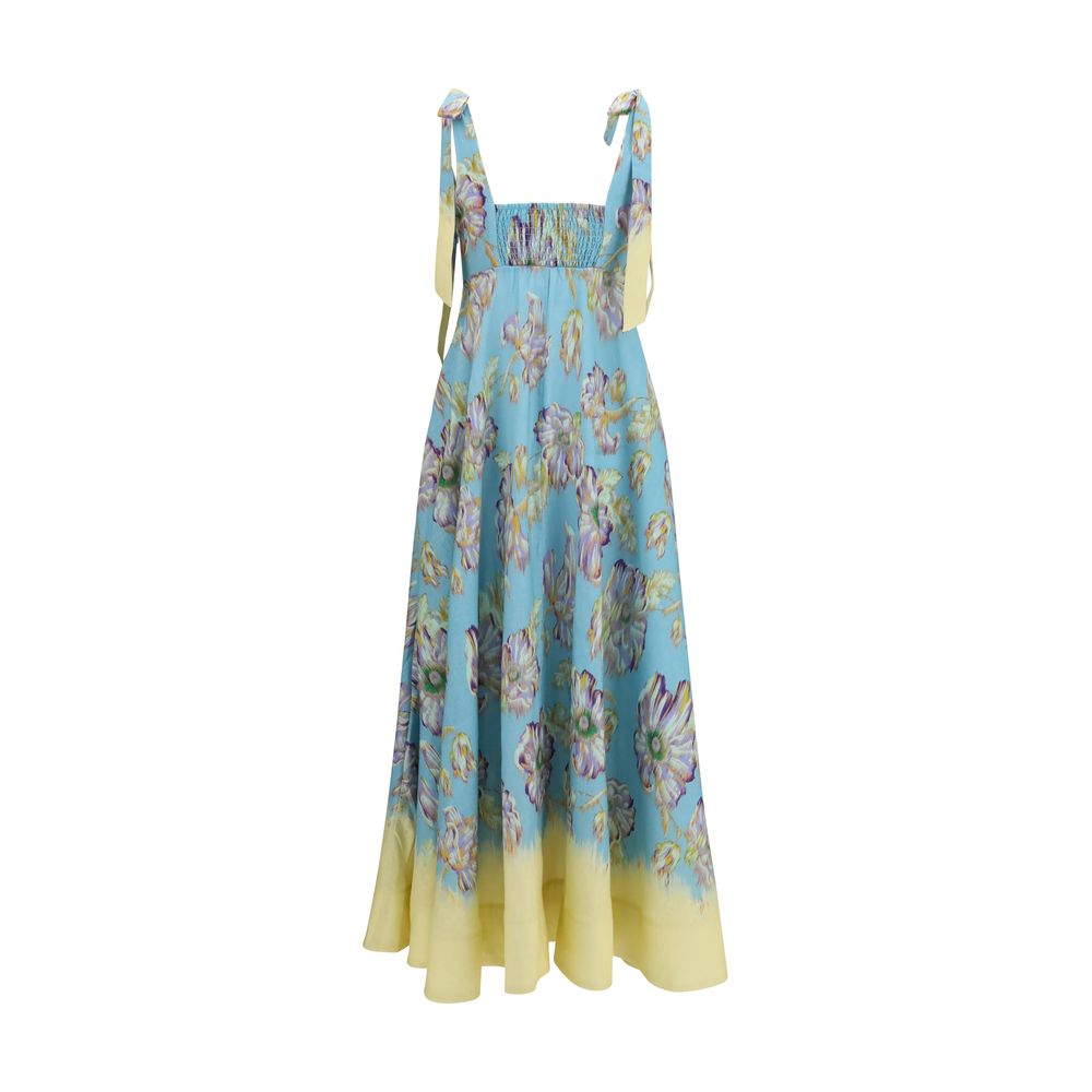 Dress by Alemais for women in linen multicolor & patterned presents a sinuous silhouette, showcasing a sophisticated and detailed with a sinuous midi for a refined finish.