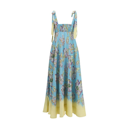 Dress by Alemais for women in linen multicolor & patterned presents a sinuous silhouette, showcasing a sophisticated and detailed with a sinuous midi for a refined finish.
