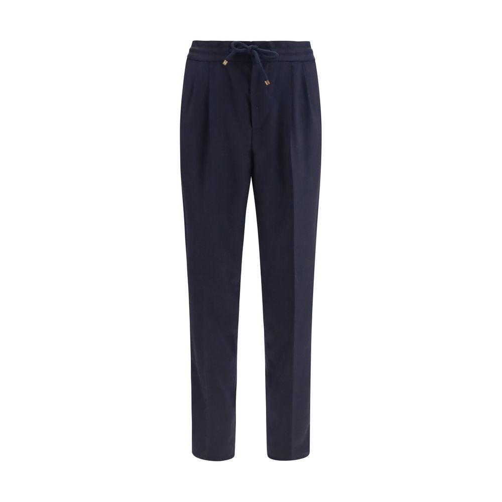 Casual Pants by Brunello Cucinelli for men in virgin wool blue & patterned features a polished silhouette with a polished regular-fit, reaching a polished long and finished with a polished .