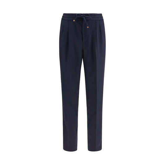 Casual Pants by Brunello Cucinelli for men in virgin wool blue & patterned features a polished silhouette with a polished regular-fit, reaching a polished long and finished with a polished .