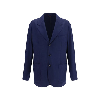 Blazer by Brunello Cucinelli for men in cashmere & capra leather blue features an sartorial silhouette, showcasing a sophisticated v-neck neckline and sartorial for a truly sartorial finish.