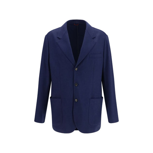 Blazer by Brunello Cucinelli for men in cashmere & capra leather blue features an sartorial silhouette, showcasing a sophisticated v-neck neckline and sartorial for a truly sartorial finish.