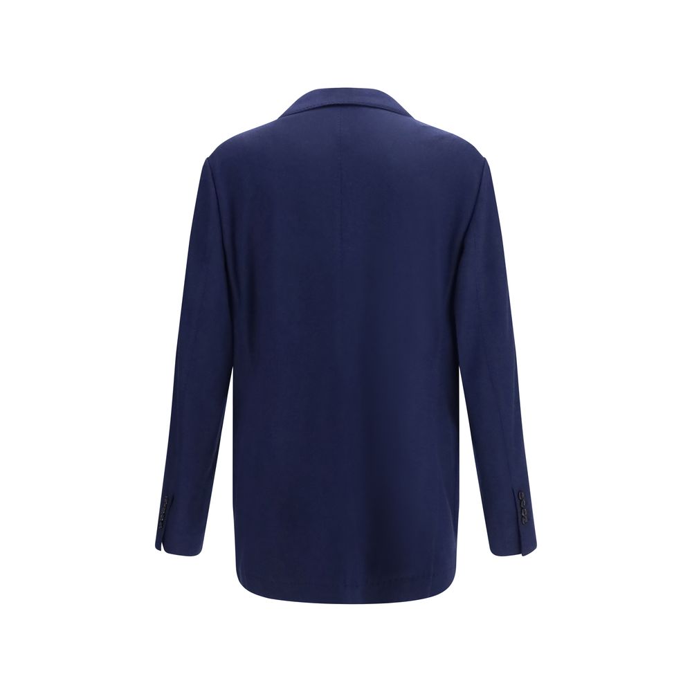 Blazer by Brunello Cucinelli for men in cashmere & capra leather blue showcases a discerning silhouette, elegantly detailed with a sophisticated v-neck neckline and premium for a truly discerning finish.