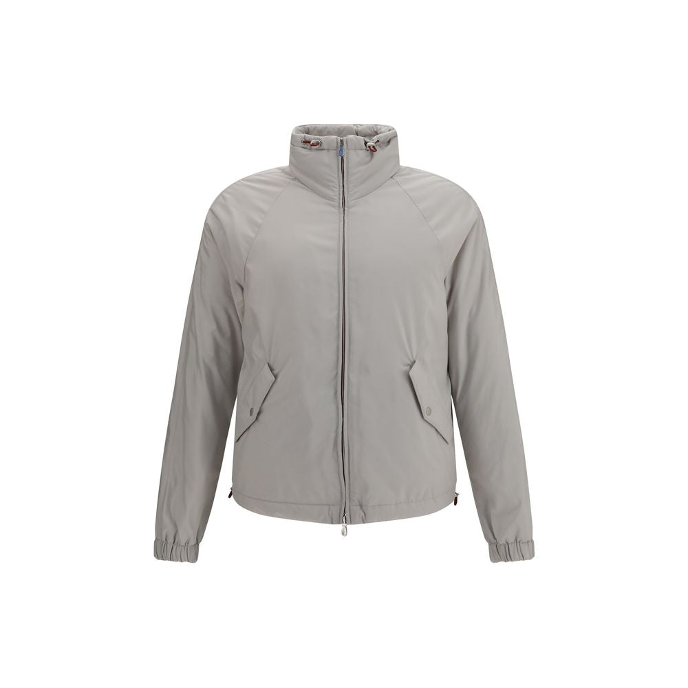Hooded Windbreaker Jacket by Brunello Cucinelli for men in polyester gray features an stylish silhouette, showcasing a sophisticated hooded neckline and performance-driven water-resistant, pockets, hooded & windproof for a premium, stylish look.