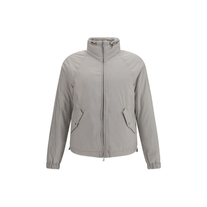 Hooded Windbreaker Jacket by Brunello Cucinelli for men in polyester gray features an stylish silhouette, showcasing a sophisticated hooded neckline and performance-driven water-resistant, pockets, hooded & windproof for a premium, stylish look.