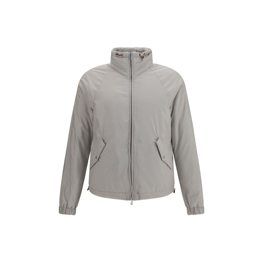 Hooded Windbreaker Jacket by Brunello Cucinelli for men in polyester gray features an stylish silhouette, showcasing a sophisticated hooded neckline and performance-driven water-resistant, pockets, hooded & windproof for a premium, stylish look.