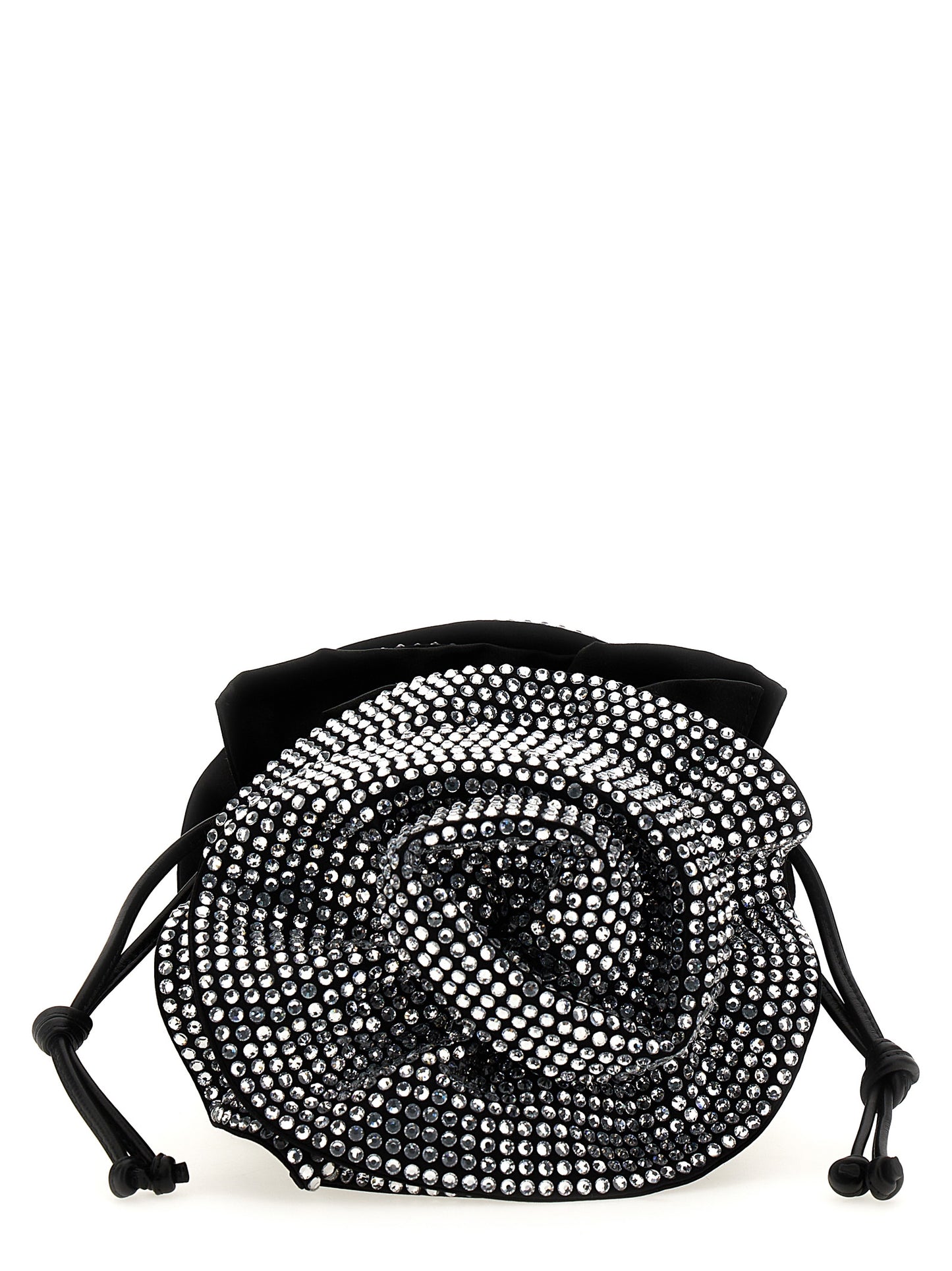 Crossbody Drawstring Handbag by Magda Butrym for women in leather & satin black features a versatile chic silhouette, meticulously detailed with a secure drawstring, ample , and versatile crossbody-strap, shoulder-strap & adjustable-strap.
