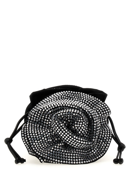 Crossbody Drawstring Handbag by Magda Butrym for women in leather & satin black features a versatile chic silhouette, meticulously detailed with a secure drawstring, ample , and versatile crossbody-strap, shoulder-strap & adjustable-strap.