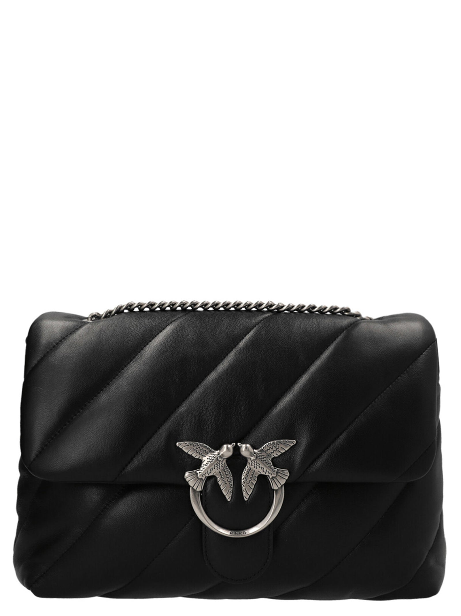 Quilted Crossbody Flap Handbag by PINKO for women in lamb leather black features a multifaceted silhouette, showcasing a secure flap, magnetic & buckle and multifaceted with versatile crossbody-strap & shoulder-strap for multifaceted style.