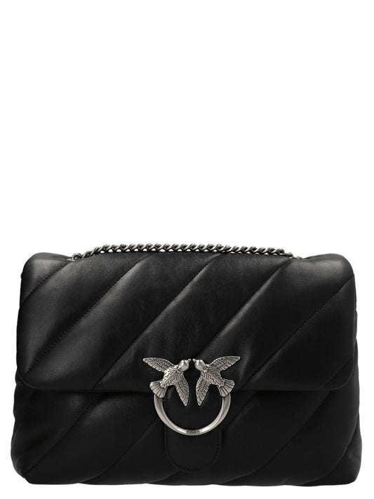 Quilted Crossbody Flap Handbag by PINKO for women in lamb leather black features a multifaceted silhouette, showcasing a secure flap, magnetic & buckle and multifaceted with versatile crossbody-strap & shoulder-strap for multifaceted style.